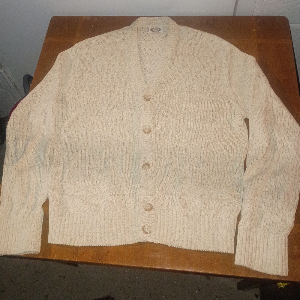 Overland Sheepskin Co Cardigan Sweater L Linen Cotton Kurt Cobain Nirvana 90s ✨